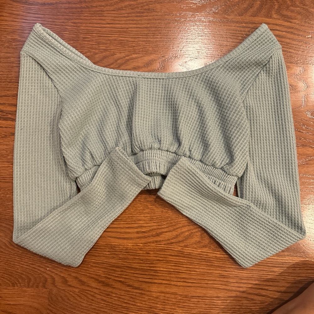 forever 21 waffle sage green long sleeve crop top new